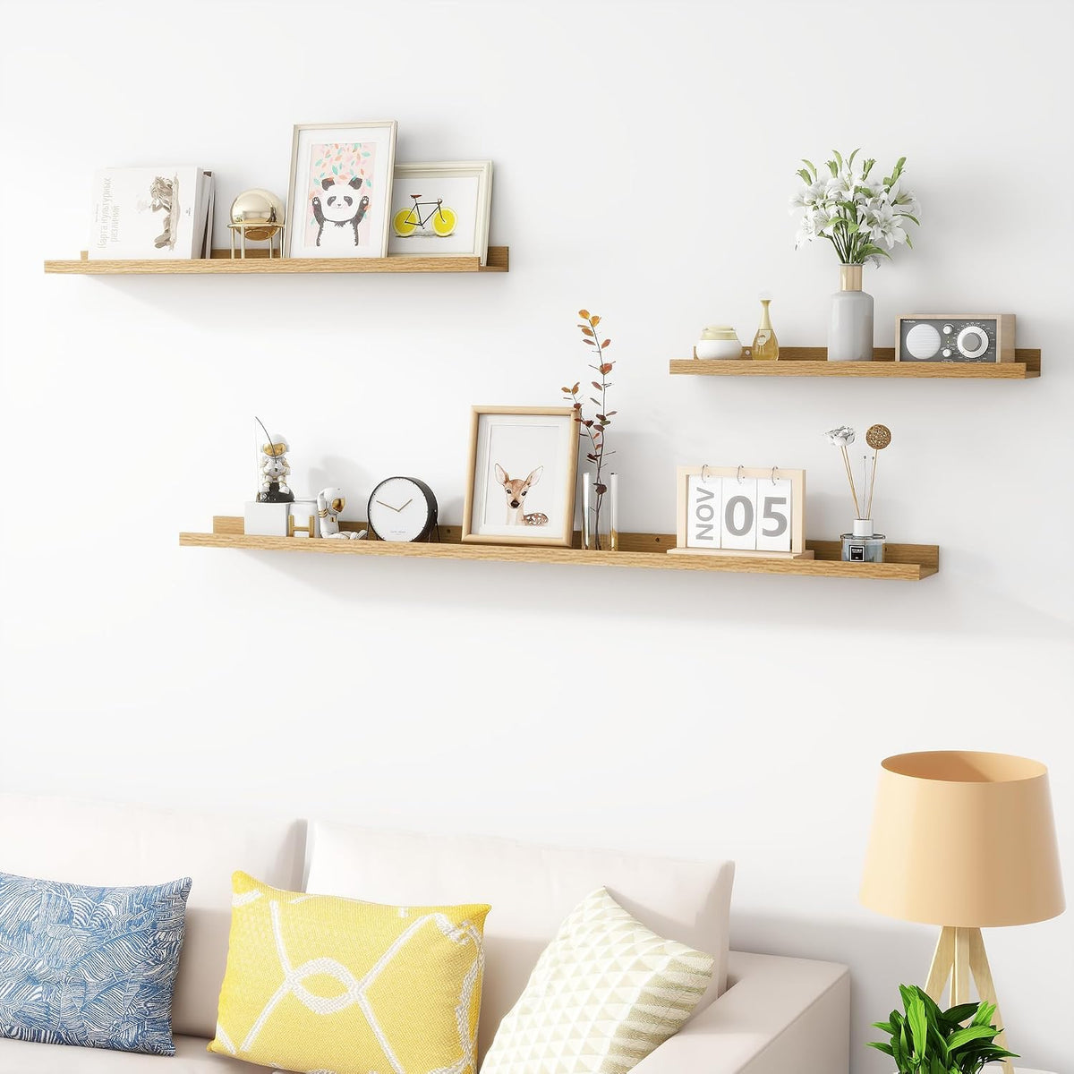 Picture Ledge Shelf, MDF Wood Floating Shelves Set of 2, Picture Ledge Photo Ledge Wall Mounted for Living Room Kids' Room Bedroom, Color Black (Oak, 30in-2pcs)