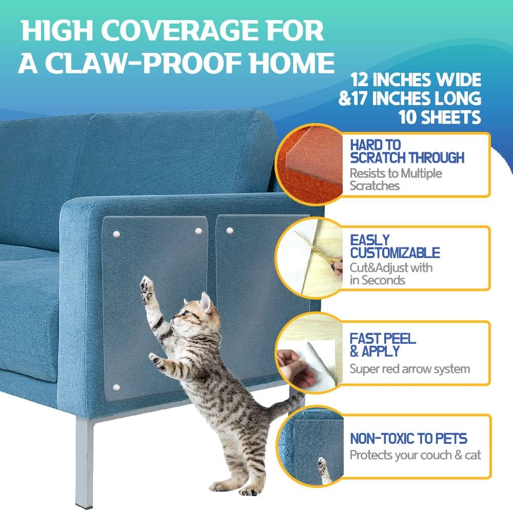 HA SHI Cat Scratch Furniture Protector, Clear, 10 Sheets + 60 Pins