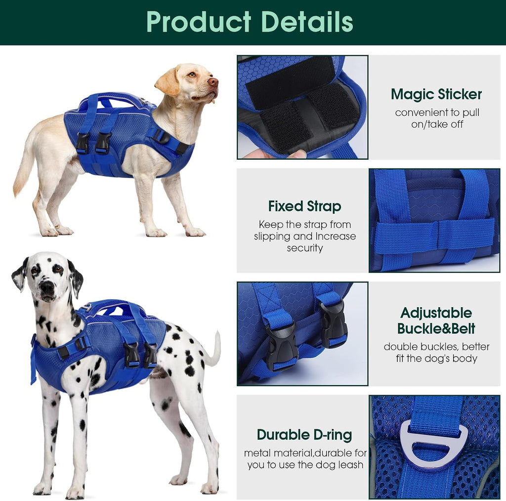 Kuoser Dog Life Jacket, High Flotation Reflective Dog Life Vest, Navy, M