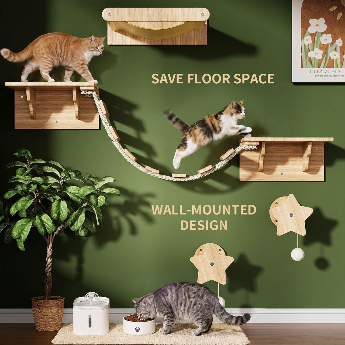 Cat Wall Shelves, 6-in-1 Solid Wood Wall Mounted Cat Furniture Set with Sisal Scratching Post, Hammock, Rope Bridge & Perches, Space Saving, Holds 40 lbs for Indoor Cats