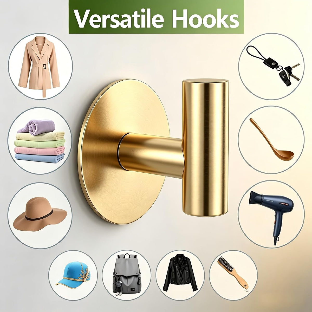 Gold Stainless Steel Wall Hooks, Heavy Duty Self-Adhesive Hooks for Coats, Towels, Robes, Hats, Aprons – No Drill Bathroom, Kitchen, Hotel (4 Pack)