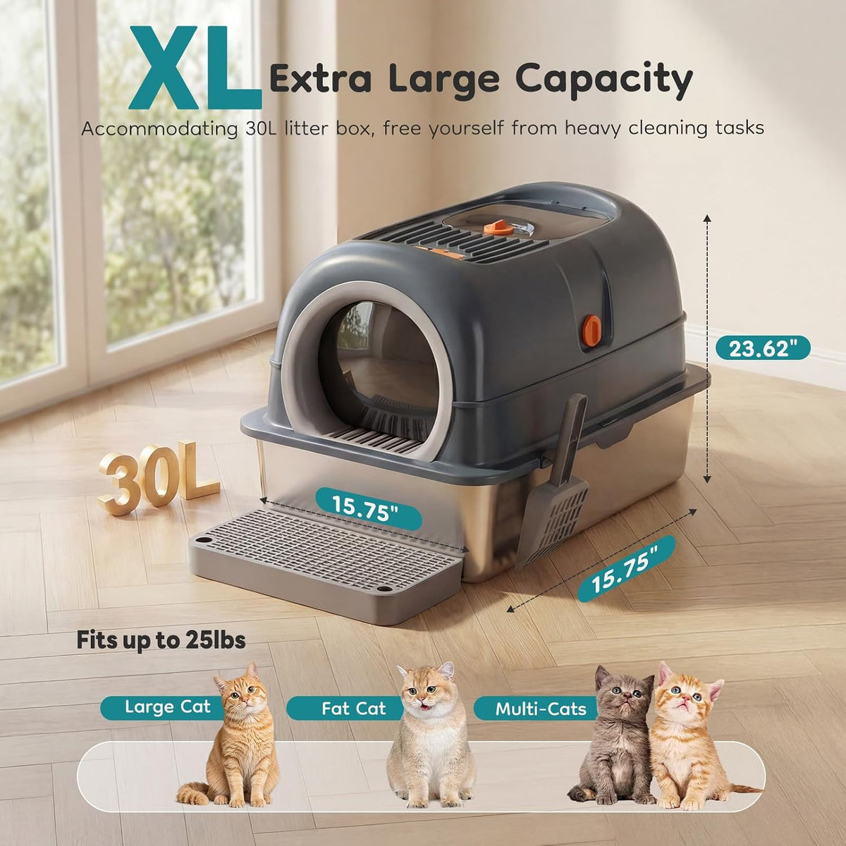 OLIXIS Extra Large Stainless Steel Litter Box with Lid, Easy Cleaning