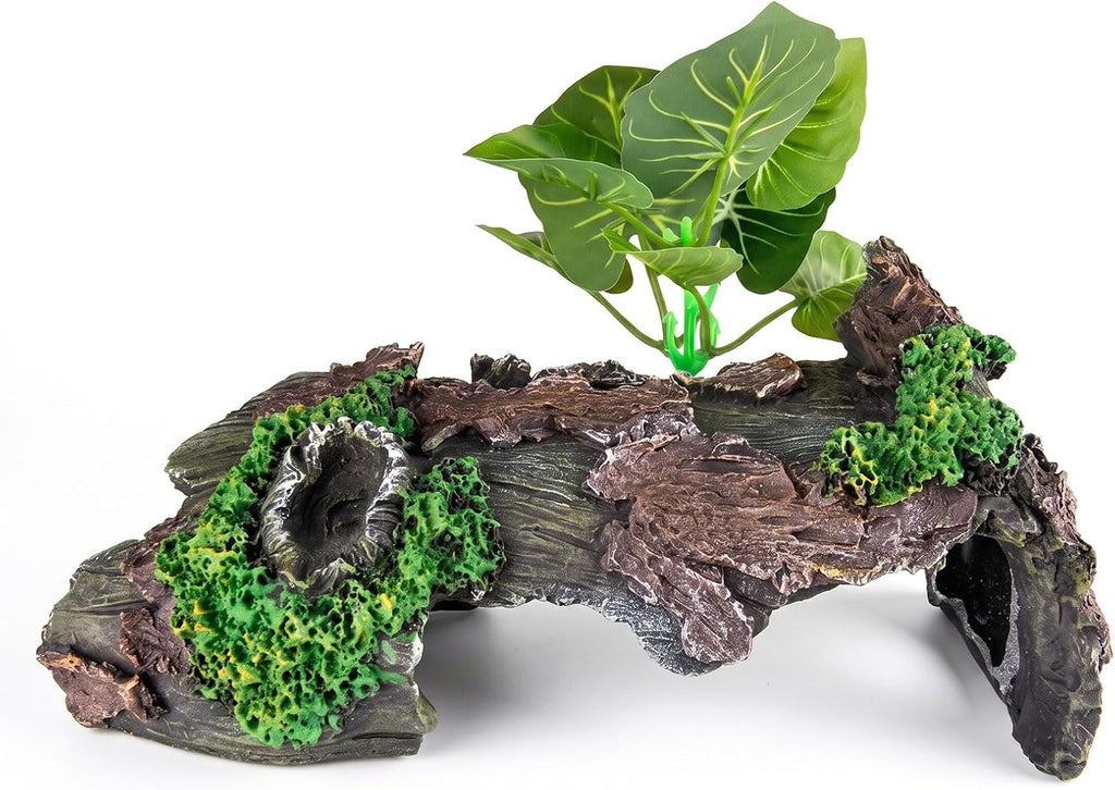 9.25" Large Aquarium Decor Hideout Cave Resin Hollow Tree Trunk with Plant