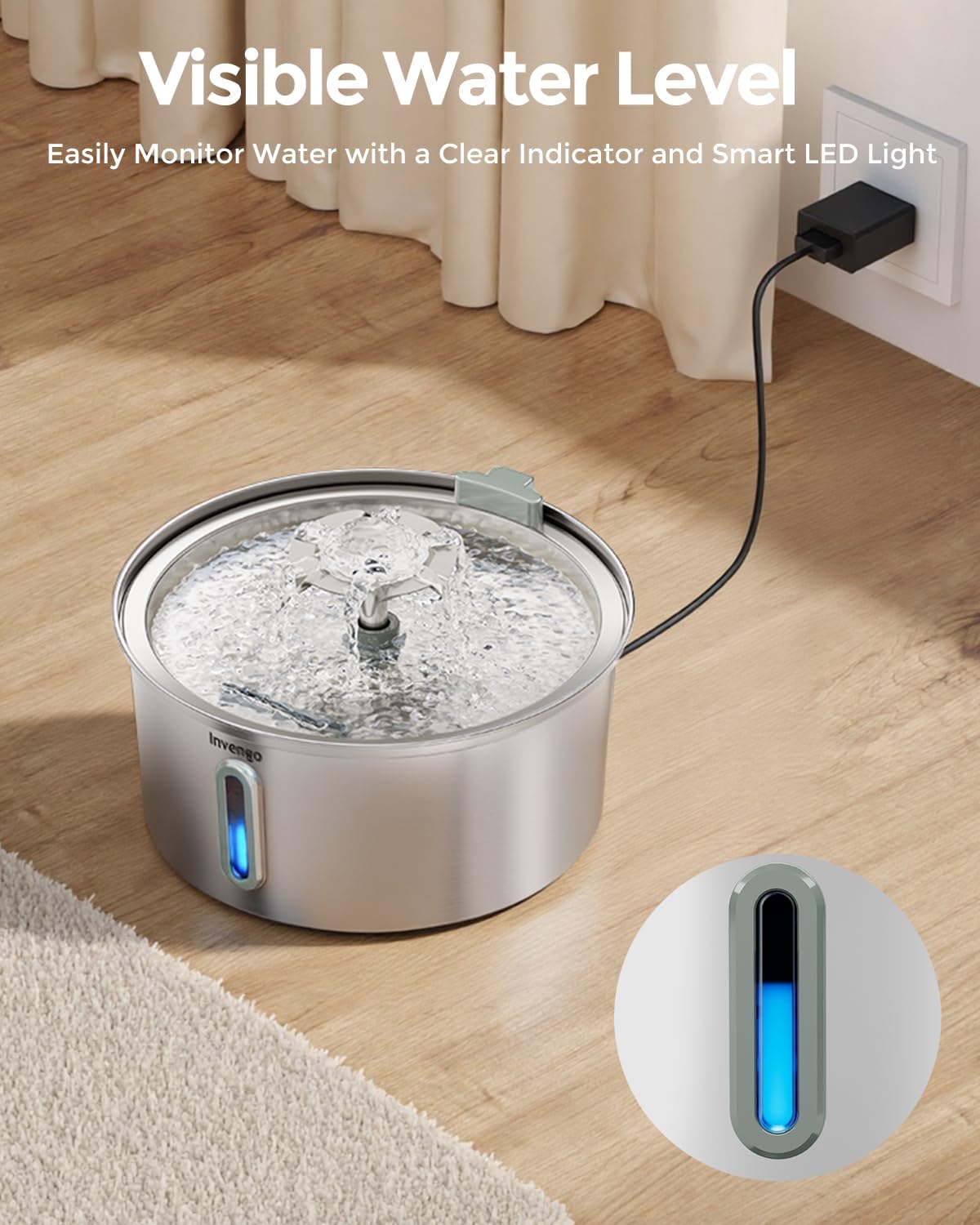 Invengo Cat Water Fountain Stainless Steel 3.2L/108oz, Pet Fountain