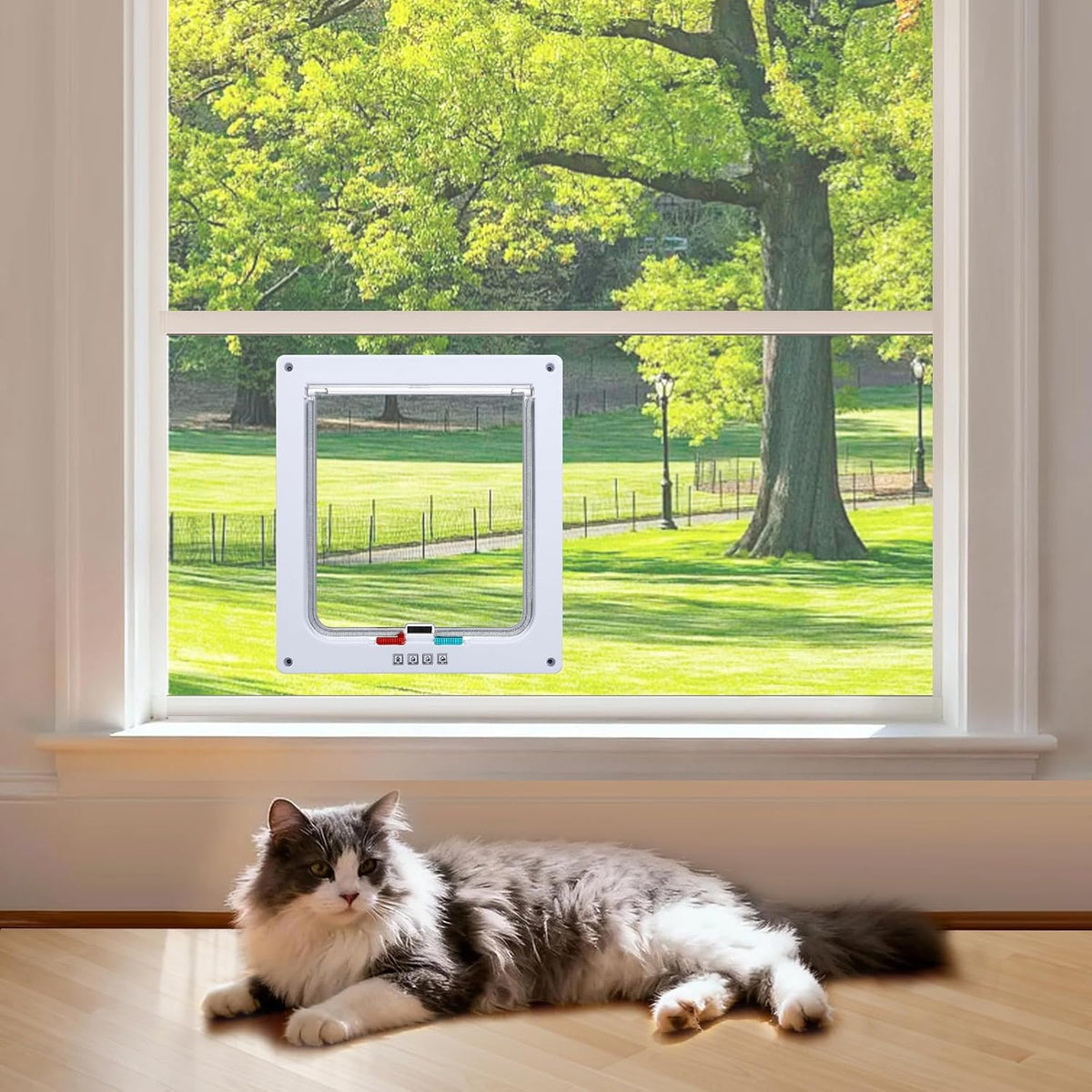 Cat Door for Window, Fits 22"-32" Width Window, with 4 Locking Modes, Clear