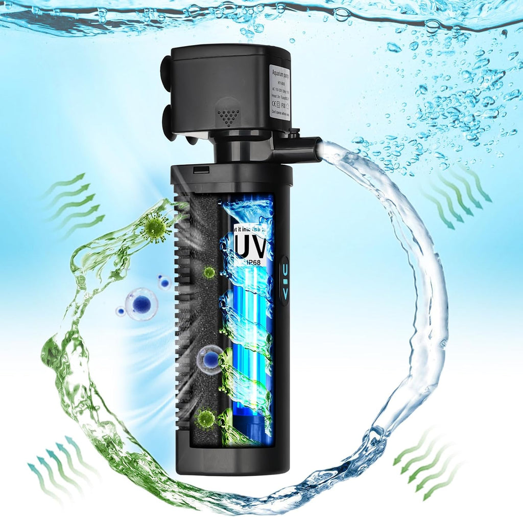 TARARIUM Aquarium Filter U-V for 20-75 Gallon, 200GPH Fish Tank Filter w/ 5W U-V Light Green Clean Machine Submersible Powerful Pump Internal Filter for Turtle Tank Saltwater Freshwater Crystal Clear