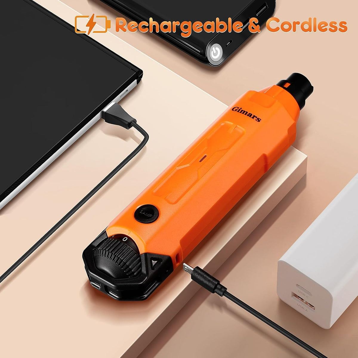 Gimars Upgrade Super Quiet Adjustable 6 Speed Powerful 12000rpm Allow All Controll Dog Nail Grinder 45 db Dual LED Light Pet Nail Grinder USB Rechargeable 3 Ports Nail File for Large Medium Small Dog