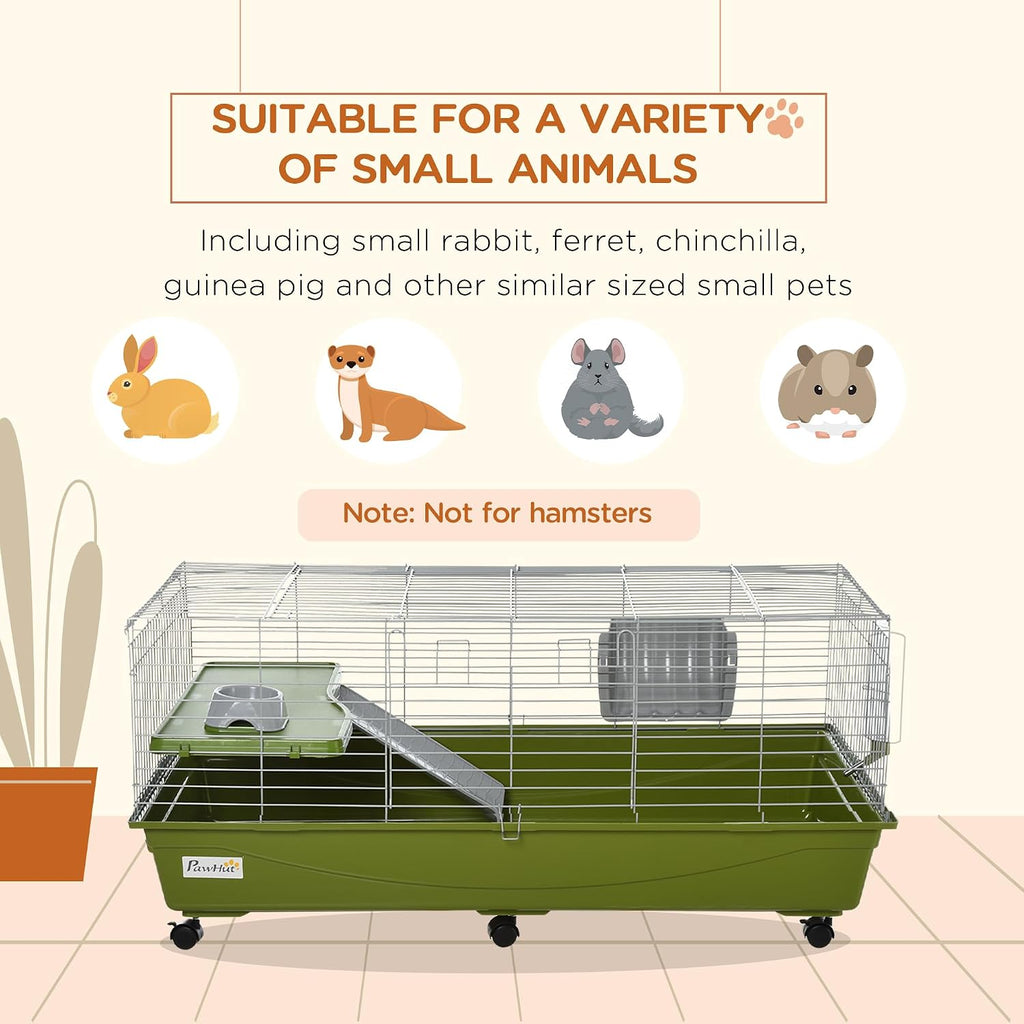 PawHut 47" L Small Animal Cage, Rolling Bunny Cage, Guinea Pig Cage with Food Dish, Water Bottle, Hay Feeder, Platform, Ramp for Chinchilla, Green