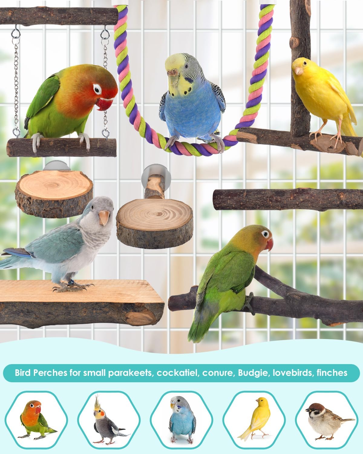 DBNESS Bird Perches, 8pcs Natural Wood Parrot Perch Climbing Stand Toys Bird Cage Accessories Hanging Multi-Branch Perch Platform Swing Toy Rope Perches for Parakeet, Conures, Budgies