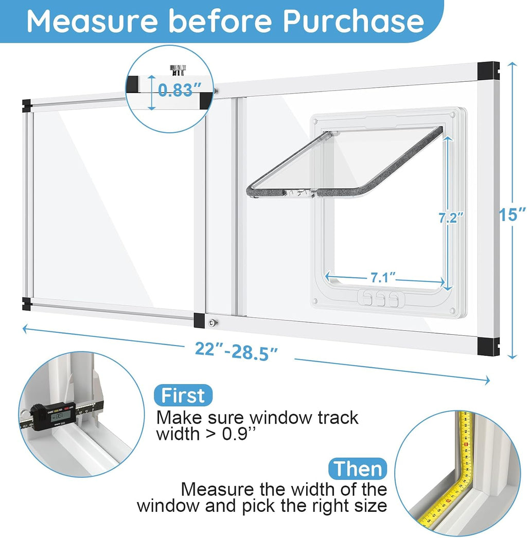 Unbreakable PC Cat Door for Window – 100% Polycarbonate | No Metal Frame & Glass | Fits 22"-28.5" Width Window, 1-Min Install, Adjustable Window Cat Door Insert with 4 Locking Models