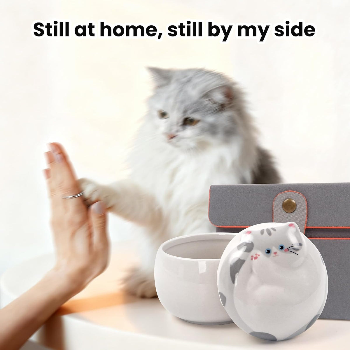 Ceramic Gray Cat Urn for Ashes, Pet Memorial Keepsake, 5-6.8 oz
