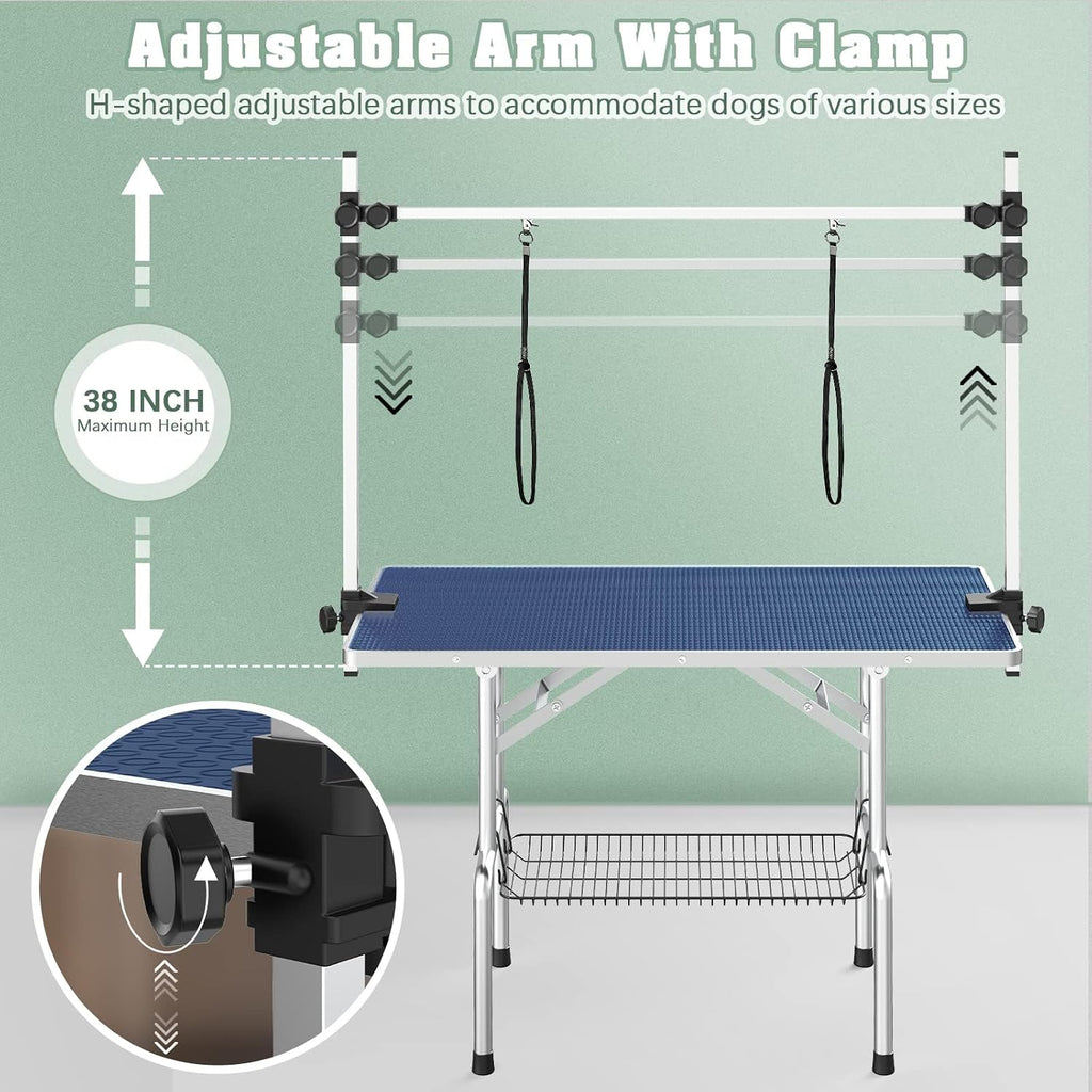 Lyromix 36'' Stainless Steel Pet Dog Grooming Table, Arm/Noose/Tray, Blue