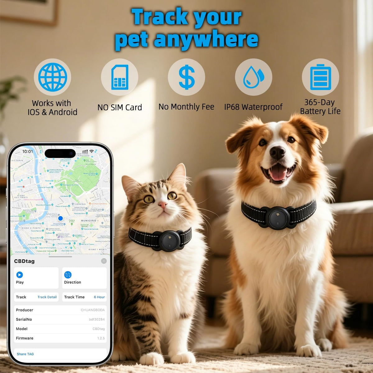 GPS Tracker for Dogs, Smart Dog Tracker with Real-Time Location, for Android and iPhone No Monthly Fee & No SIM Card- Pet Location Tracker with Holder, IP68 Waterproof, Indoor & Outdoor Pet Safety Use