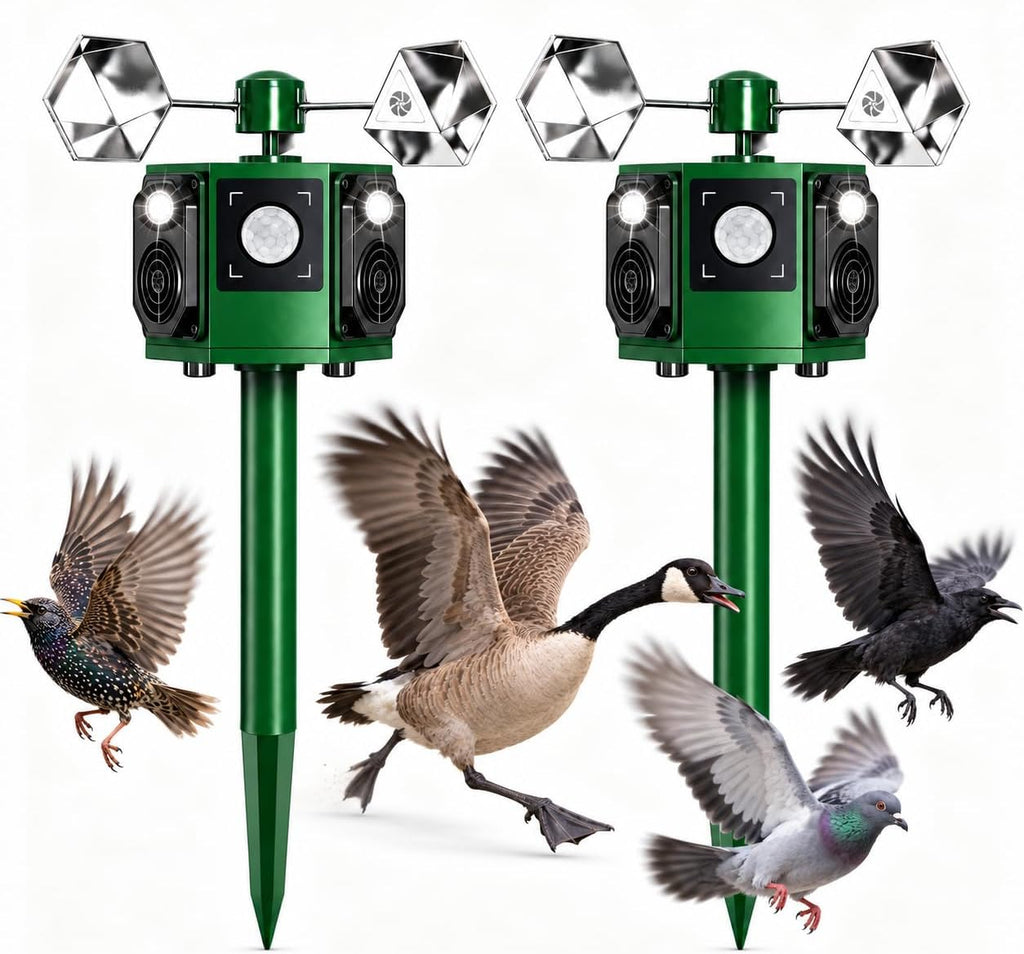 2 Pack Solar Ultrasonic Bird Deterrents for Outside Bird Repellent with Motion Sensor & Flashing Light & Reflectors to Keep Woodpecker Pigeon Crow Sparrow Away from Garden, Roof, Pool, Lawn