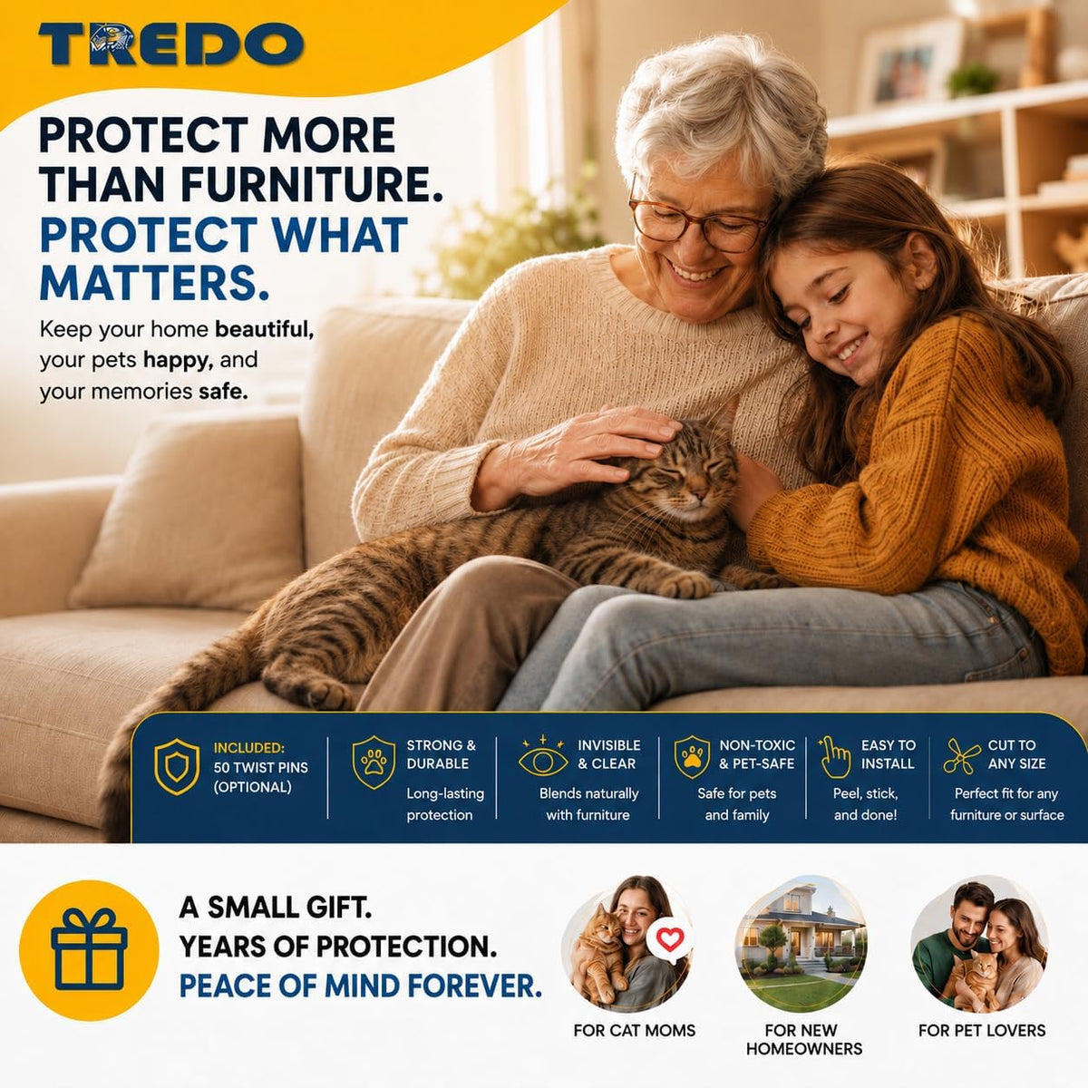 TREDO Cat Scratch Couch Protector 12 Pack, 17 x 12 in, 50 Twist Pins