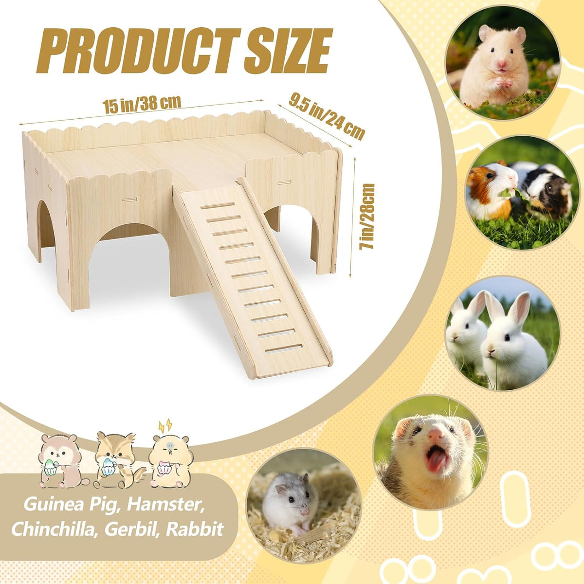 Large Guinea Pig Hideout, 14.96 X 9.45 X 7.09in Wooden Guinea Pig House