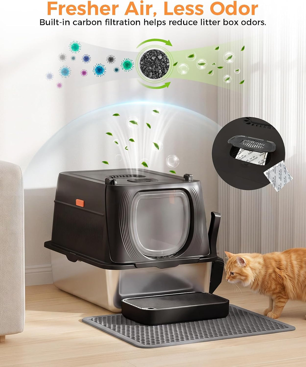 XL Extra Large, High Sided Enclosed Cat Litter Box, Activated Carbon Odor Control, Anti-Leak, Mat Scoop & Step, Black