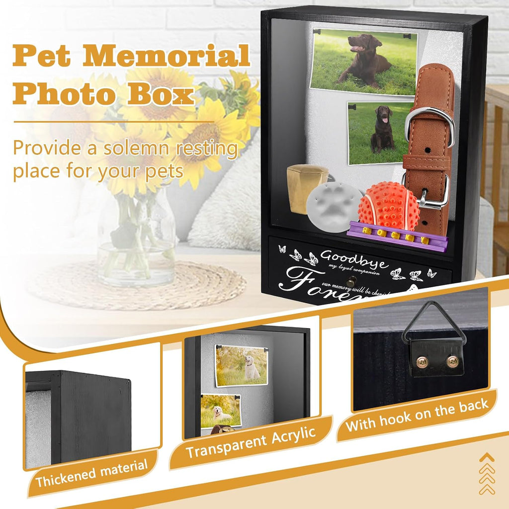 Pet Memorial Shadow Box, Pet Urn Ashes Display Case with Drawer, Dog Memorial Picture Frame Display Case, Pet Memorial Gifts for Loss of Dog with Pet Paw Print Set (Black)