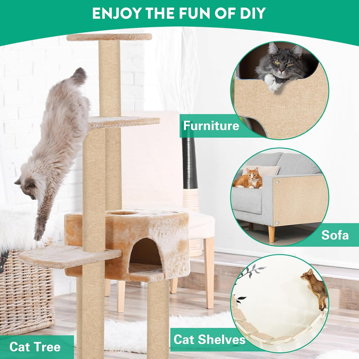 Cat Scratch Mat, 78.7"x15.8" Trimmable Self-Adhesive Cat Scratcher Carpet, DIY Cats Scratch Furniture Protector for Couch, Sofa, Wall & Door, Protector from Cat Claws (Beige)
