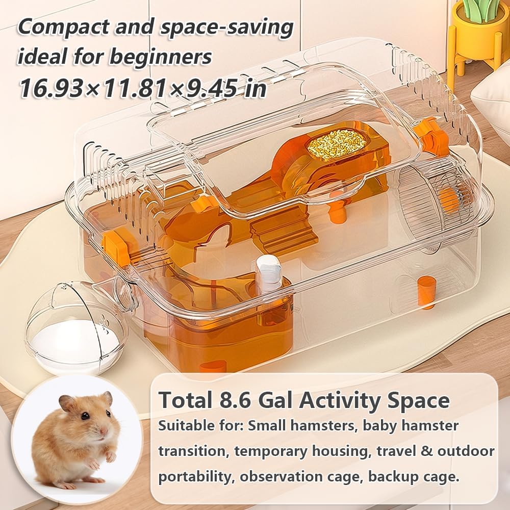8-in-1 Dwarf Hamster Cage, No Assembly Full Transparent, Temporary Transitional/Breeding/Nursery Cage, 16.93×11.81×9.45 in, Fits Small Space/Kid’s Room, for Dwarf & Baby Hamsters
