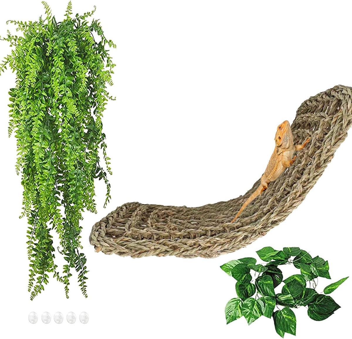 Bearded Dragon Hammock,Large Lizard Lounger,Reptile Tank Hanging Plants Climbing Jungle Vines Flexible Leaves Decorations for Lizards Chameleon Gecko Snakes(3 PCS)