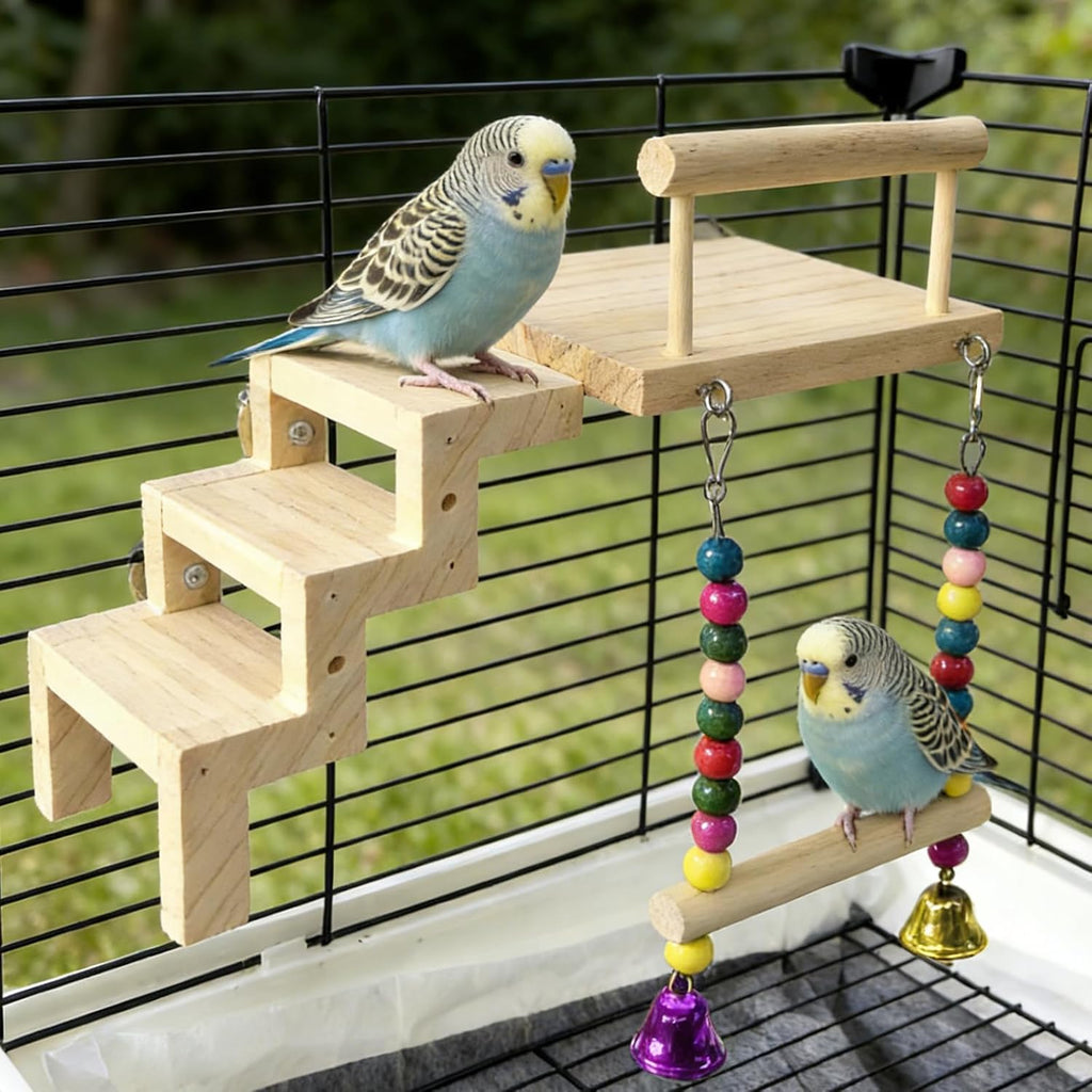 Bird Perch Platform with Ladder & Swing,Parrot Wooden Play Gym Cage Toys