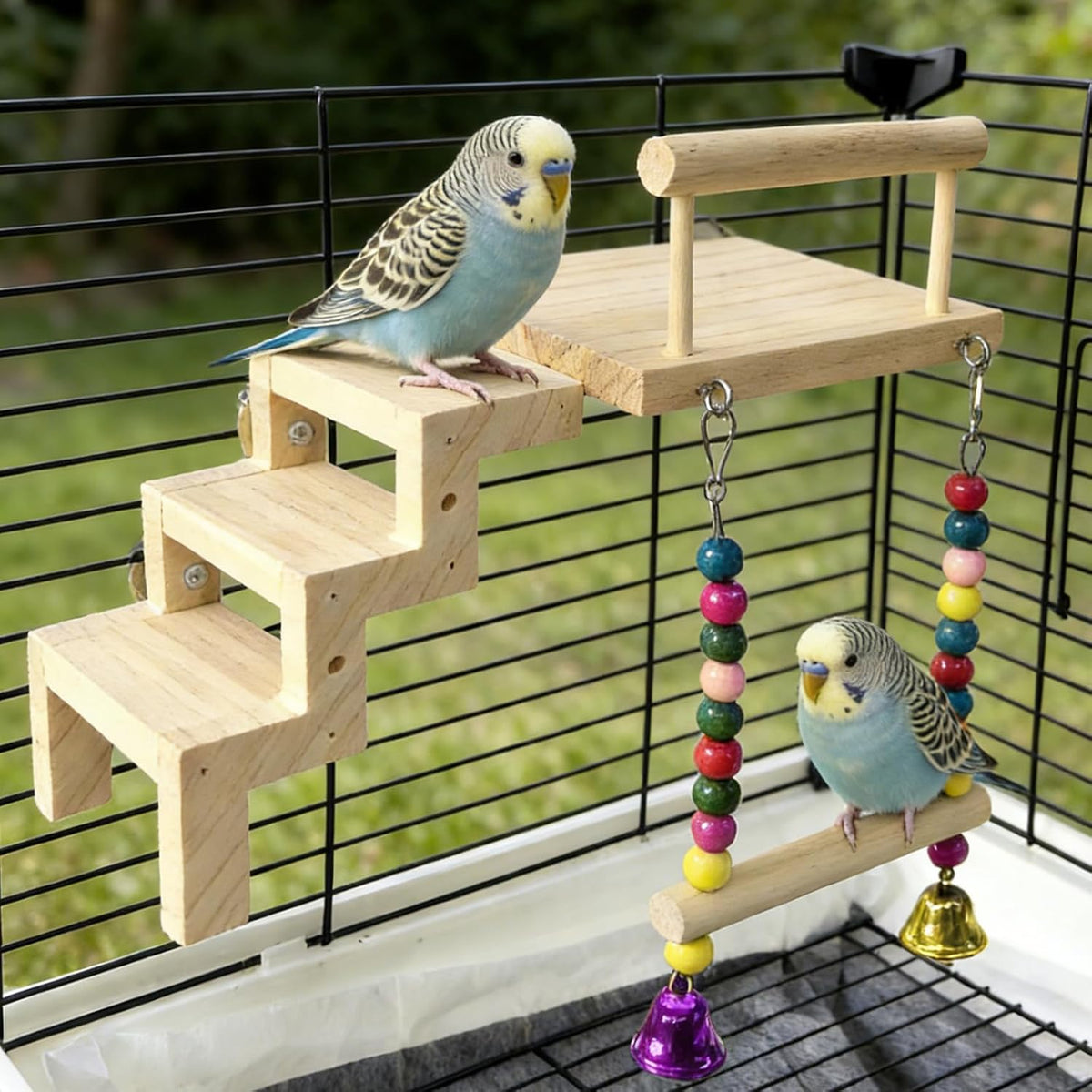 Bird Perch Platform with Ladder & Swing,Parrot Wooden Play Gym Cage Toys