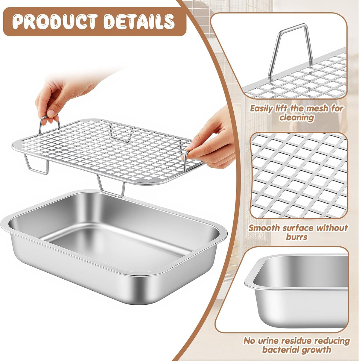 Maxcheck 2 Pcs Rabbit Litter Box, Stainless Steel Rabbit Litter Pan with 2 Grids, High Side Bunny Toilet Tray Potty Training Pan for Rats Ferret Bunny Guinea Pig(S 14.2''L x 11.2''W x 2.5''H)