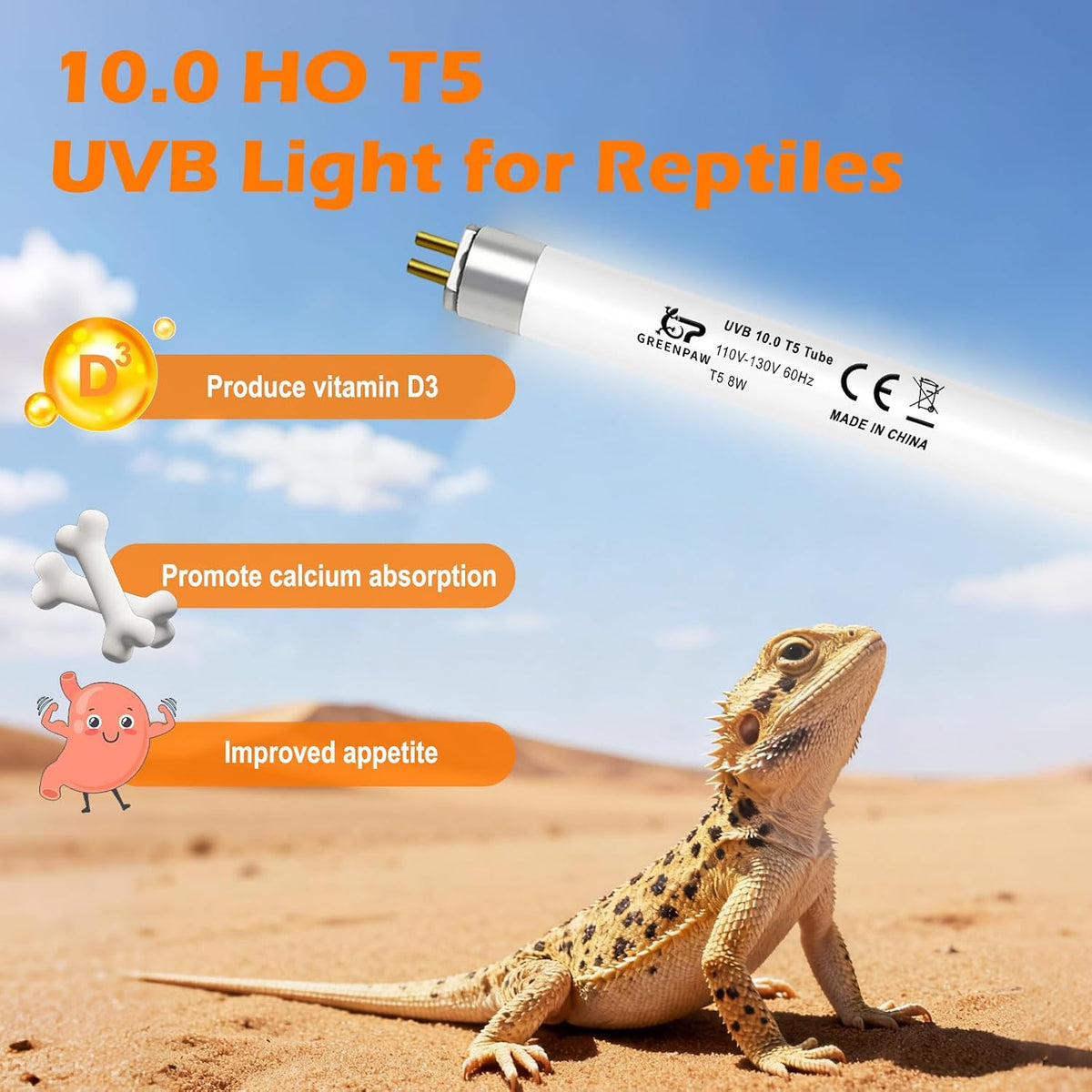 T5 10.0 8W UVB Reptile Light Bulb for Bearded Dragon, 12'' 2 Pack