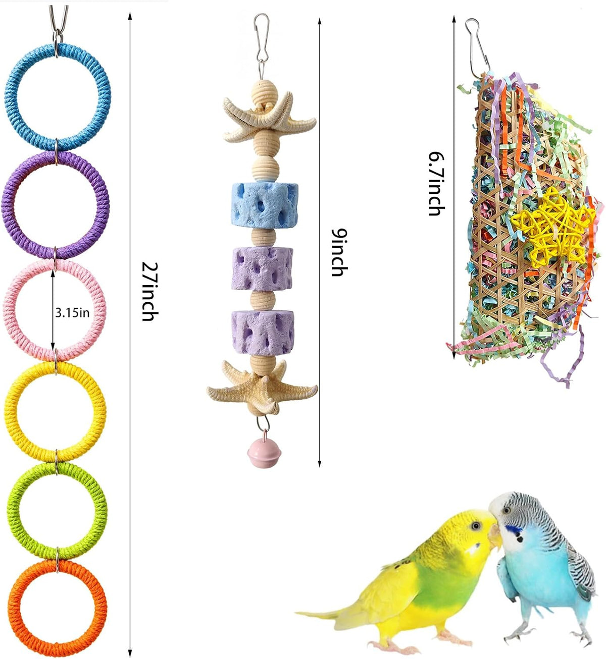 3 Pcs Bird Toy Set Calcium Stone Grind Block Shredder Paper Foraging Pouch 6 Ring Swing Chain Cage Accessories for Parrots Cockatiels Lovebirds Budgies