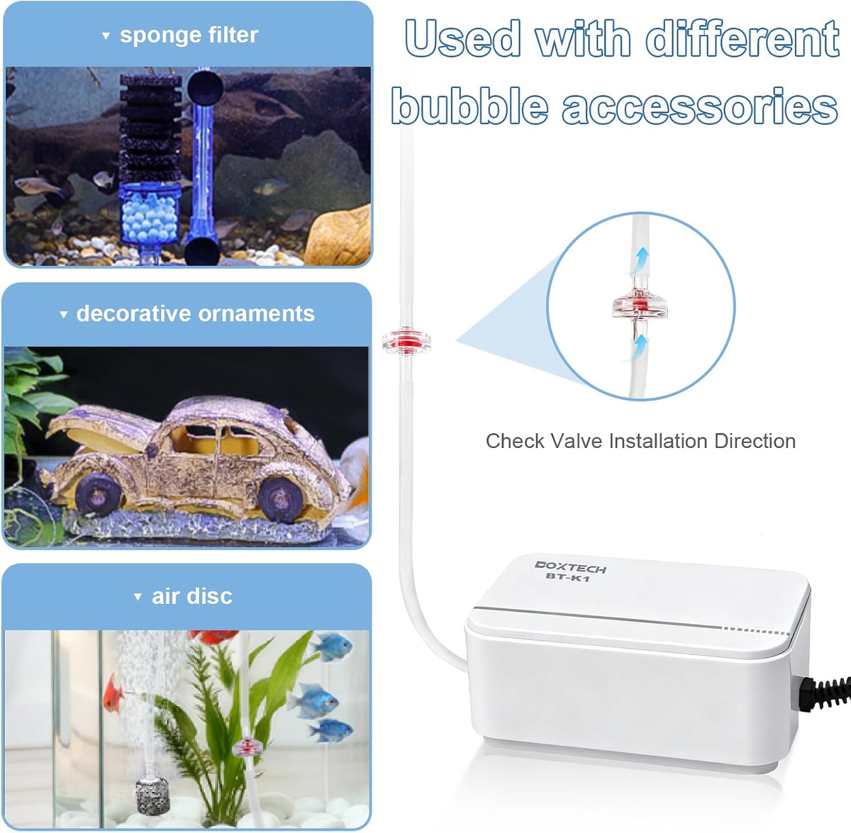 Boxtech Fish Tank Air Pump, Ultra-Quiet Aerator 2W