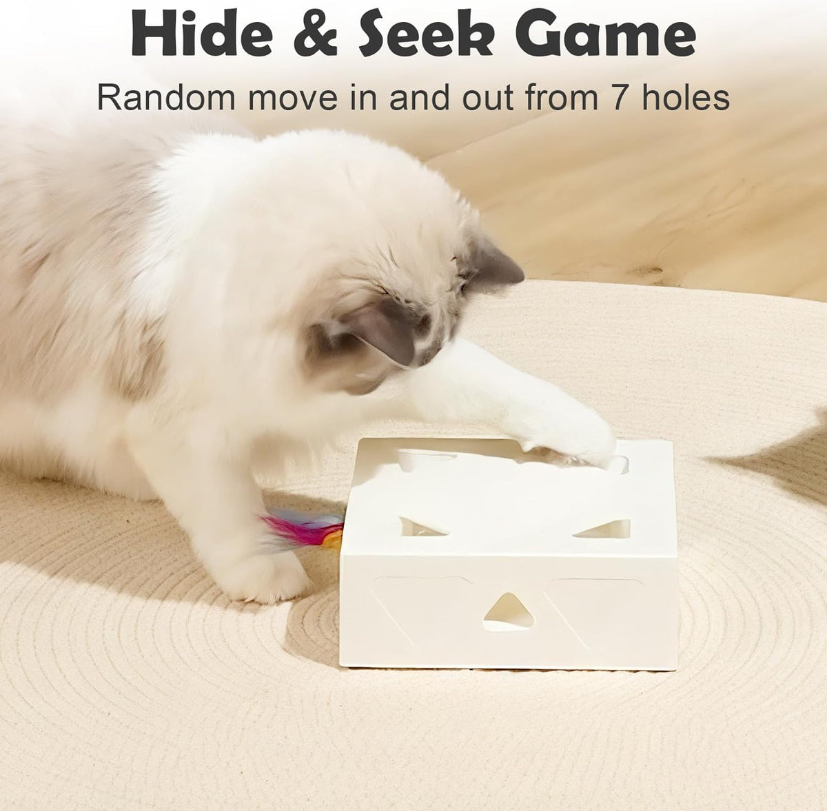 Interactive Cat Toys -Migibox for Indoor Bored Cats, Automatic Pop Out Feathers from 7 Holes Randomly, Motion Activated, USB Rechargeable (Purple Skin)