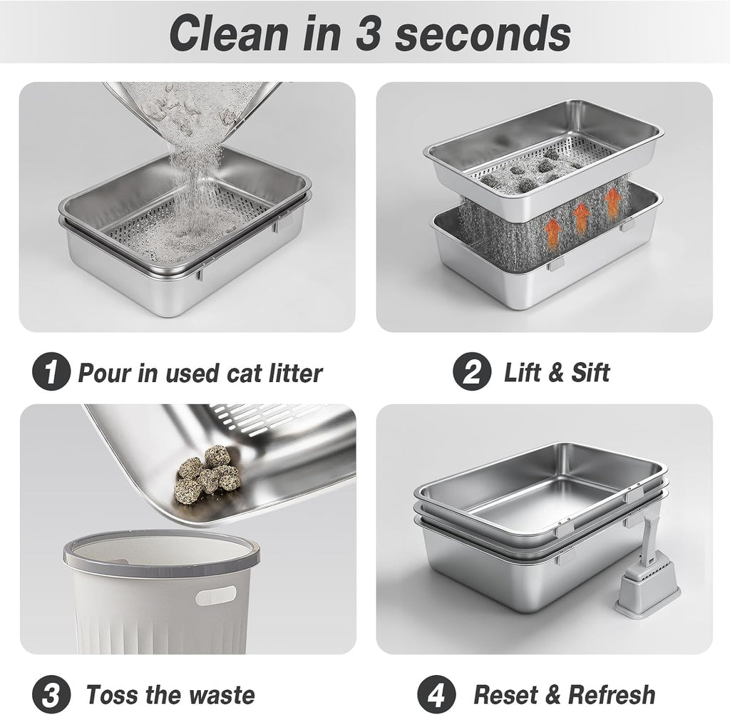 Rectangular Triple Pan Stainless Steel Sifting Litter Box