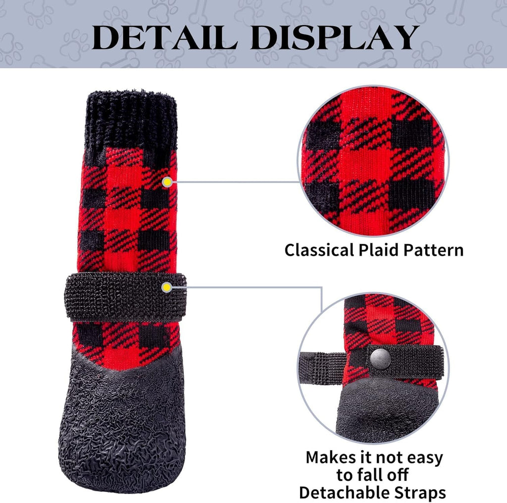 BINGPET Anti-Slip Dog Socks, Waterproof Plaid Dog Paw Protector with Adjustable Straps, Thick Fleece Padded Warm Pet Doggy Socks for Cold Weather Winter