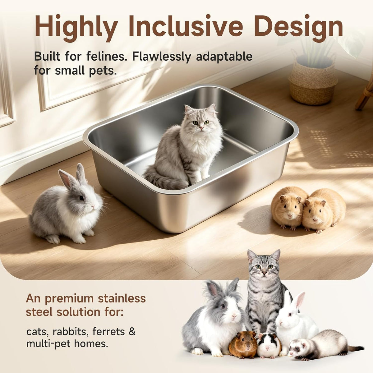 Stainless Steel High Sides Cat Litter Box,Medium