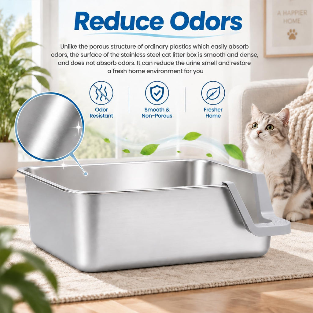 Low Entry Stainless Steel Cat Litter Box, 17.5" L x 13.6" W x 6" H
