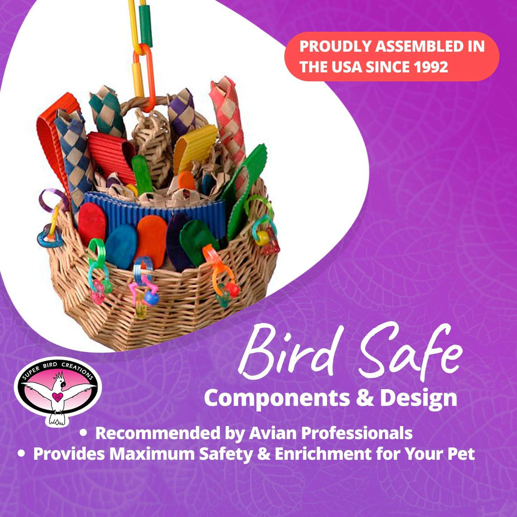 Super Bird Creations SB669 Wicker Foraging Basket Bird Toy for Parrots Cockatiels Ringnecks Medium Conures Quakers,Caiques Pionus - Crunchy Multi-Colored Textures - Medium Bird Size, 10” x 4” x 5”