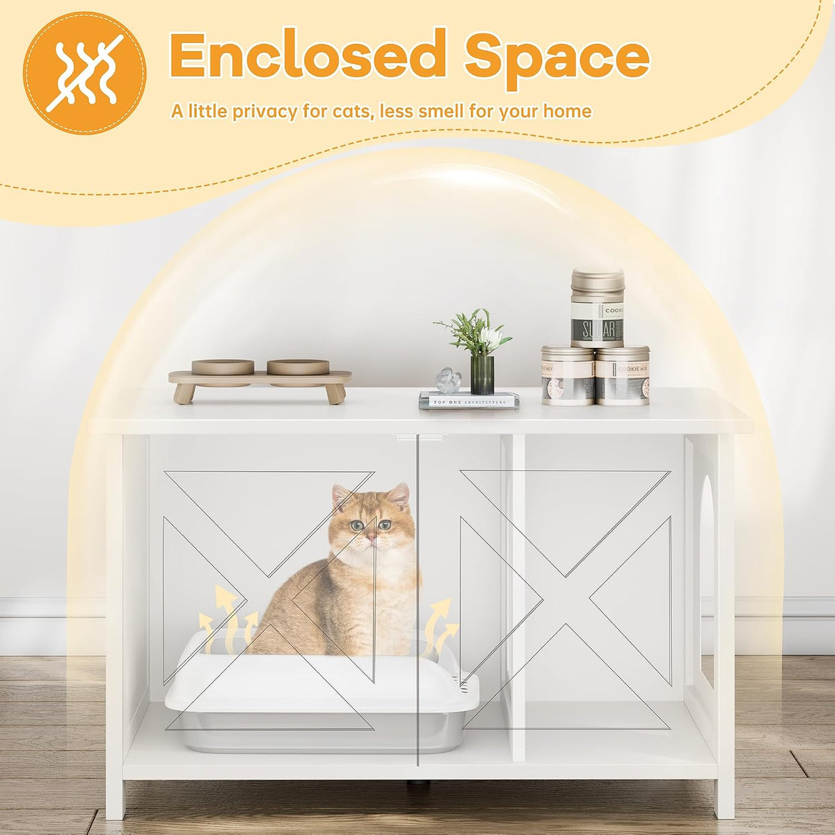 Shintenchi 31.5 inch Cat Litter Box Enclosure, Litter Box Furniture Cabinet Hidden with Removable Divider, Wooden Cat House with End Table, White