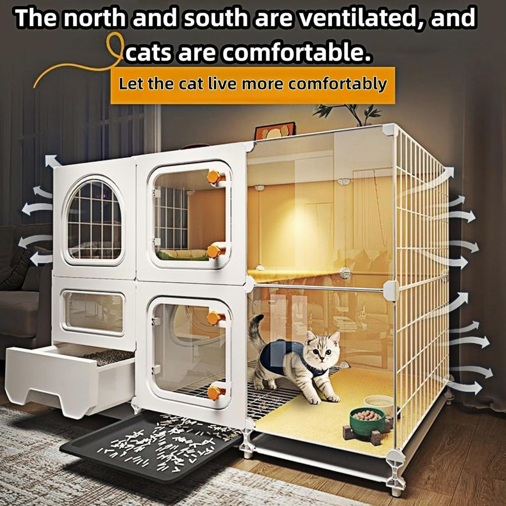 Indoor cat cage with Litter Box,Complimentary Cat Bed,Bow,lcat House with Wheels Outdoor,Large cat Villa Playpen,Small Animal Dog Kennel cat enclosures(42″(L) x18.2″(W) x32.4″(H))