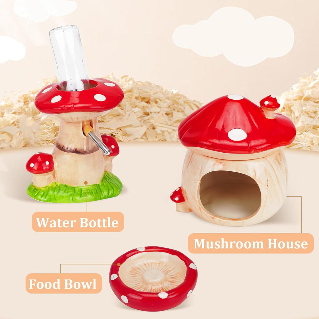 Ceramic Hamster Cage Accessories: Set Include Mushroom Hamster Hideout, Water Bottle and Food Bowl, Ideal for Gerbils and Guinea Pigs
