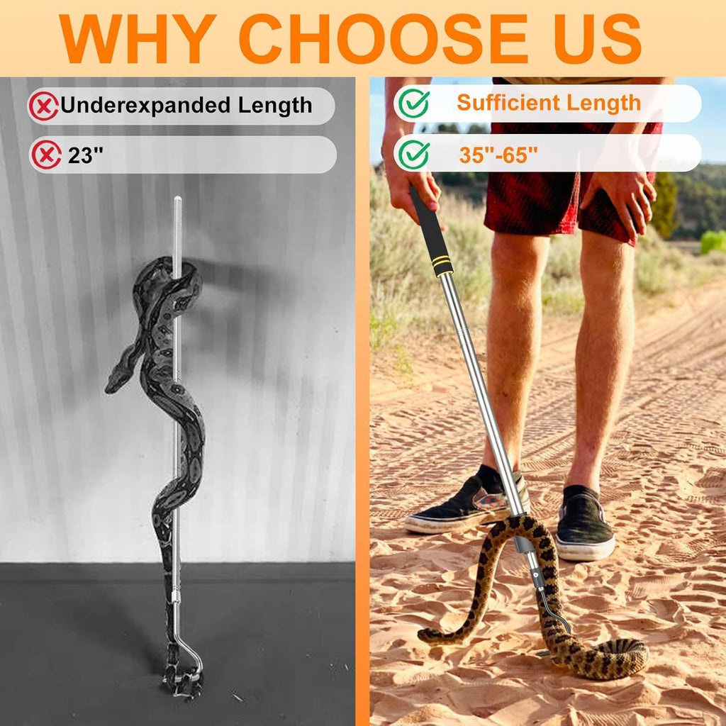 Snake Hooks, Stainless Steel Snake Hook Extendable Handled Desigh for Removling Large or Small Snakes and Reptiles Rattlesnakes Python Copperhead Stainless Steel Handle 35"-65"