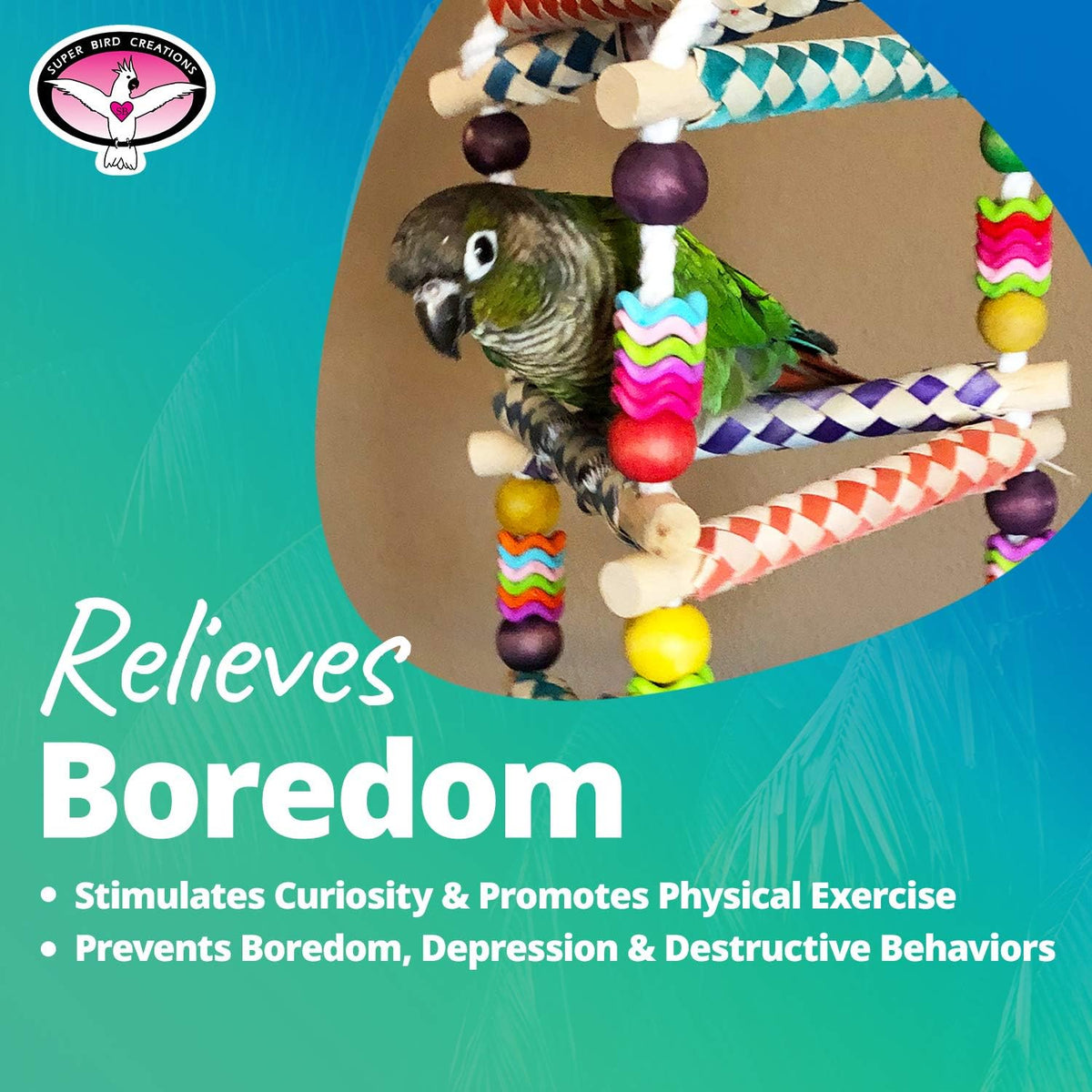 Super Bird Creations SB51113 Finger Trap Pagoda Bird Toy - Satisfies Chewing for Canary Finch Parrotlets Cockatiels - Vibrant Design with Cotton Rope, Beads, & Rings - Medium Size Birds, 14.5"x7"x7"