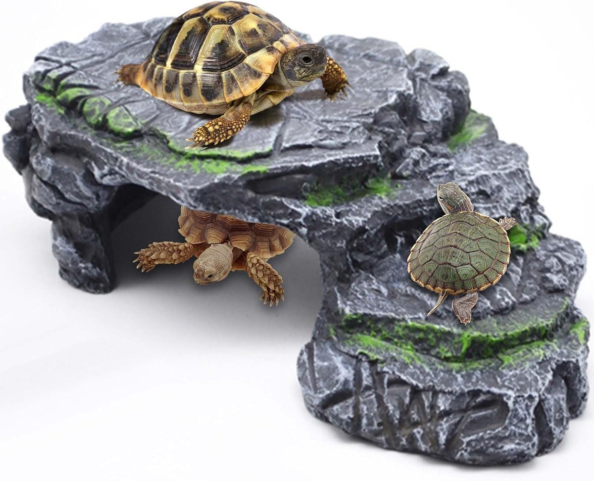 MoonOrange Turtle Basking Platform Kit, Reptile Habitat Hideout, Decorative Resin for Aquarium & Terrarium, Including Artificial Plant and Cleaning Brush. (A-Large-Black)
