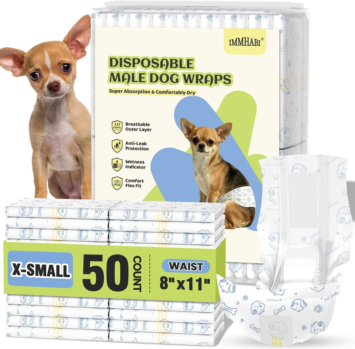 Male Dog Diapers Disposable, Xs, Male Dog Wraps with Wetness Indicator