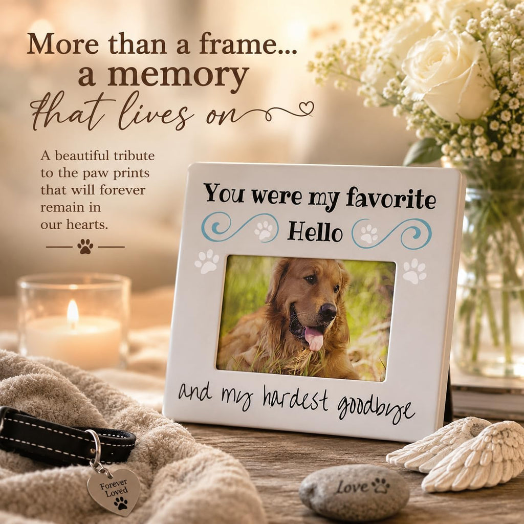 BANBERRY DESIGNS Pet Memorial Picture Frame for Dogs – You Were My Favorite Hello and My Hardest Goodbye Bereavement Gift – Ceramic Sympathy Photo Frame – Holds 4 x 6 Inch Picture – 8 x 7.25 Inches