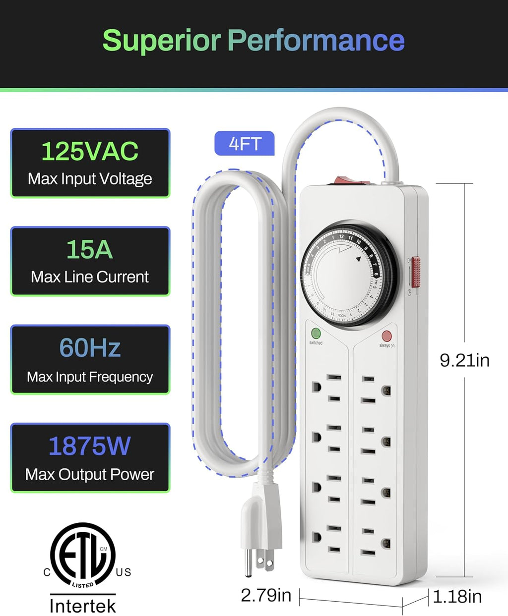 BN-LINK 8 Outlet Surge Protector with Mechanical Timer, 4FT Cord, 1875W/10A