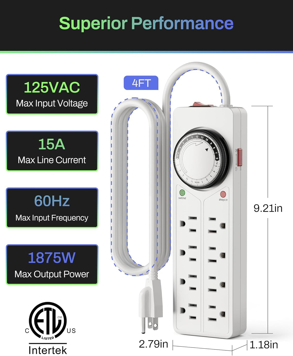 BN-LINK 8 Outlet Surge Protector with Mechanical Timer, 4FT Cord, 1875W/10A