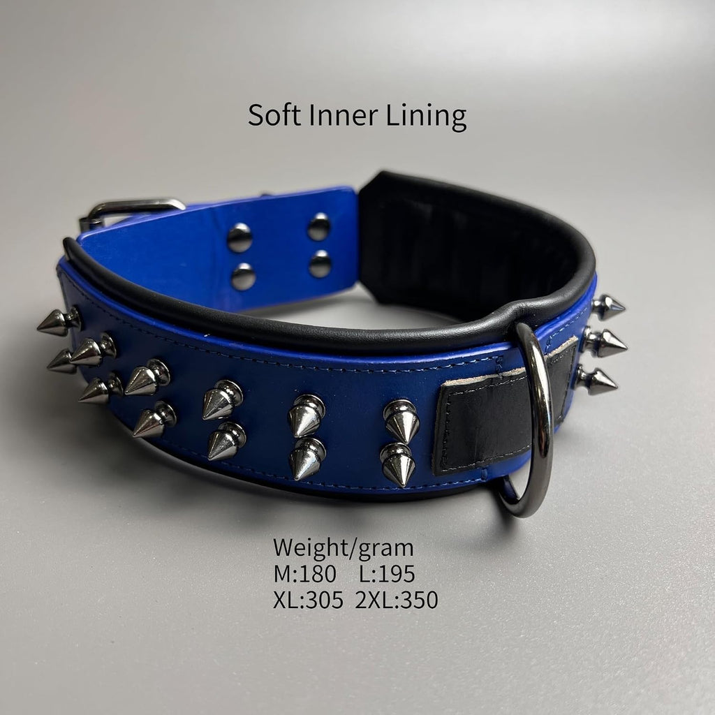 Leather Spike Dog Collar Double-Layer Soft Cowhide,Medium and Large Dogs (Blue,L-Neck 39-47cm)