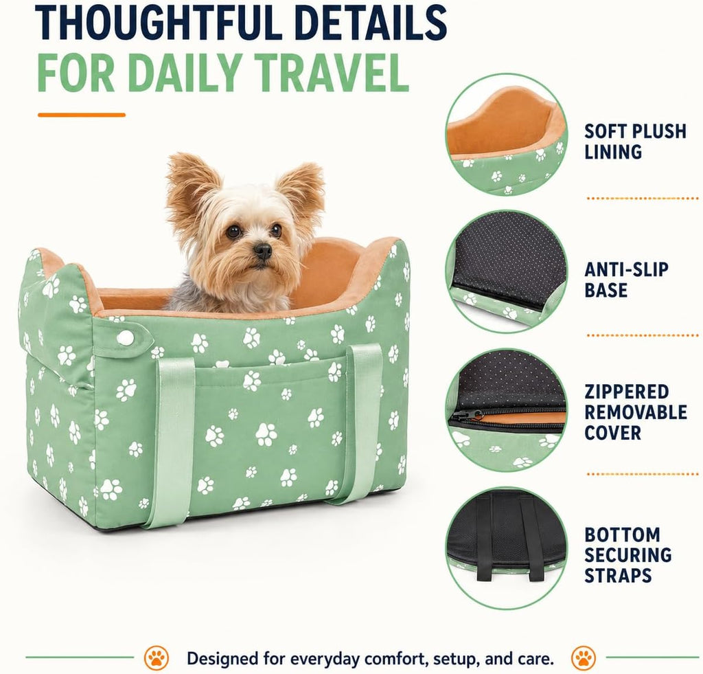 Dog Center Console Car Seat for Small Dogs Under 15lbs,Detachable Washable Booster Pet Car Seat Travel Bed with Storage Pockets and Seat Belt(Green)