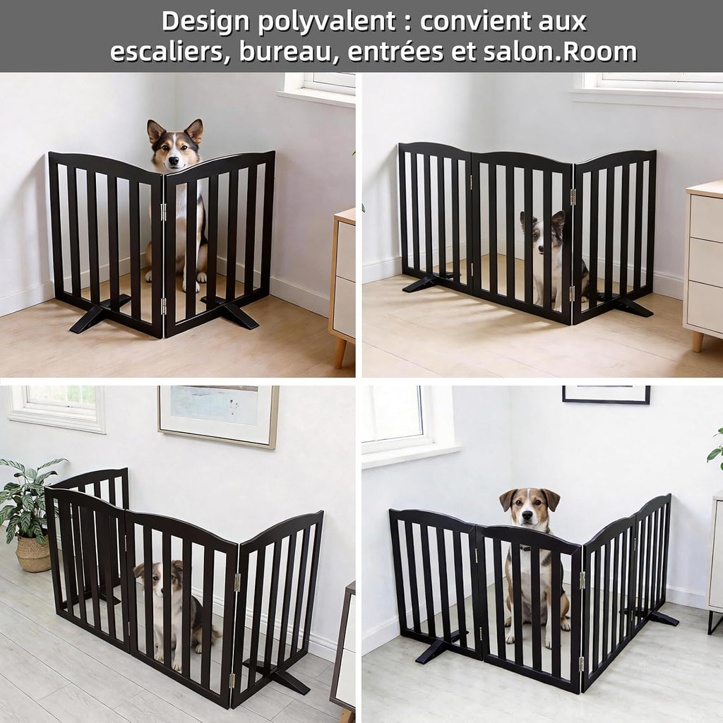 Freestanding Dog Gate Indoor,Doggie Gate Foldable Pet Gates for Doorways,Stairs or Hallways, Wooden Black Pet Gate for the House, Pet Fence with Support Feet Included,32 "Height-2 Panels